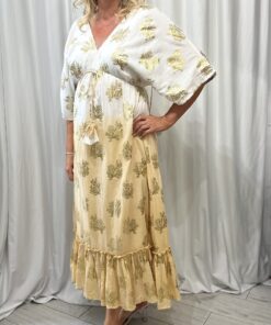 V Neck Kimono Style Lined Maxi Dress With Gold Foil Pattern In White And Camel Tye Dye One Size
