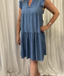 100% Tencel Denim V Neck Frill Tunic Dress
