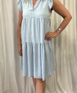 100% Tencel Light Denim V Neck Frill Tunic Dress