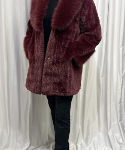 Cable Pattern Faux Fur Coat in Berry