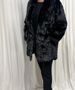 Cable Pattern Faux Fur Coat in Black
