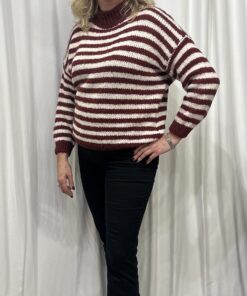 Round Neck Stripe Chunky Jumper in Berry & Cream