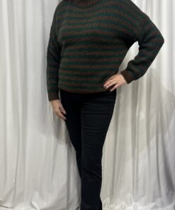 Round Neck Stripe Chunky Jumper in Brown & Green