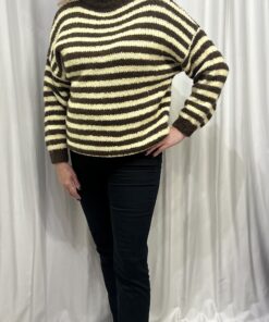 Round Neck Stripe Chunky Jumper in Brown & Lemon