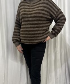 Round Neck Stripe Chunky Jumper in Mocha & Brown