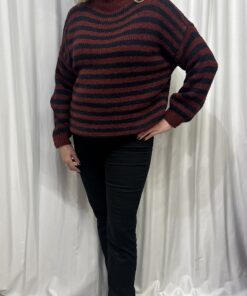Round Neck Stripe Chunky Jumper in Berry & Navy
