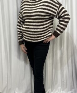 Round Neck Stripe Chunky Jumper in Brown & Cream