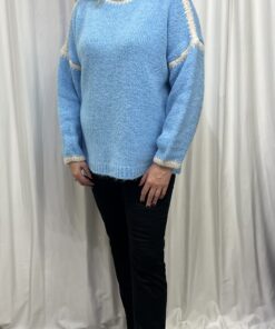 Contrast Chunky Jumper in Pale Blue & Cream