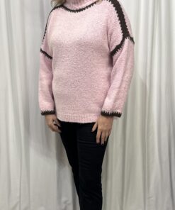 Contrast Chunky Jumper in Pale Pink & Brown