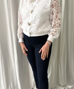 White Embroidery Anglaise Short Jacket with Gold Buttons
