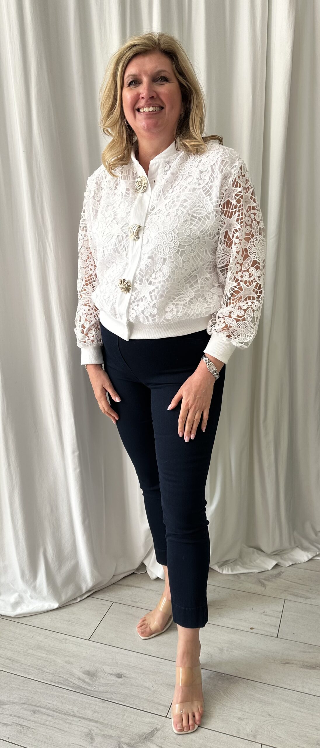 White Embroidery Anglaise Short Jacket with Gold Buttons