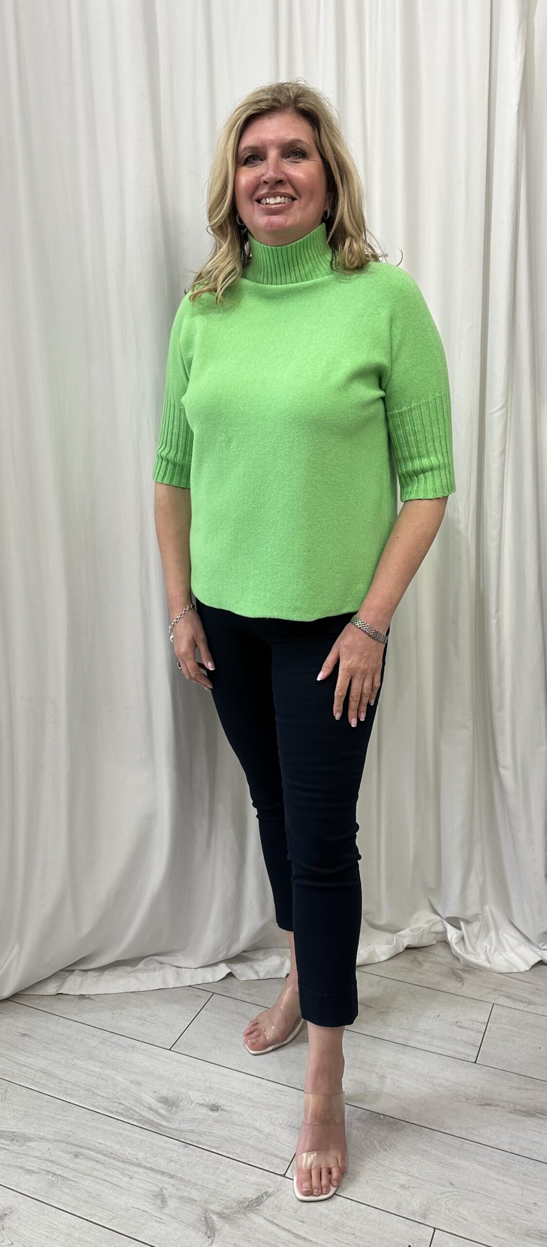 Ribbed Turtle Neck Short Jumper with 3/4 Ribbed Sleeves