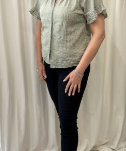 Stripe Frill Sleeve V Neck Cotton Top