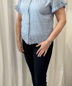 Stripe Frill Sleeve V Neck Cotton Top