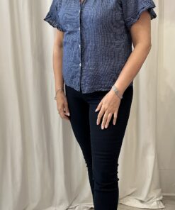 Stripe Frill Sleeve V Neck Cotton Top