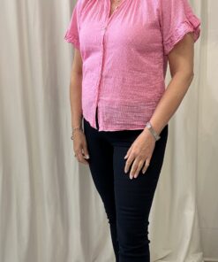 Stripe Frill Sleeve V Neck Cotton Top