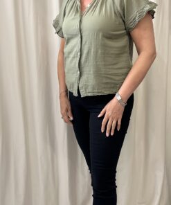 Plain Frill Sleeve V Neck Cotton Top