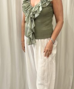 Frill Front Ribbed T-Shirt V Neck Top