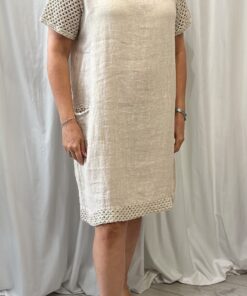 Linen Dress with Crochet Sleeves, Pockets & Hem