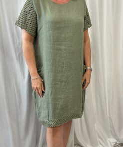 Linen Dress with Crochet Sleeves, Pockets & Hem