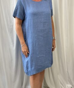 Linen Dress with Crochet Sleeves, Pockets & Hem