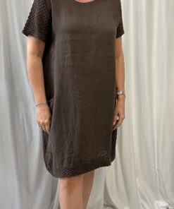 Linen Dress with Crochet Sleeves, Pockets & Hem