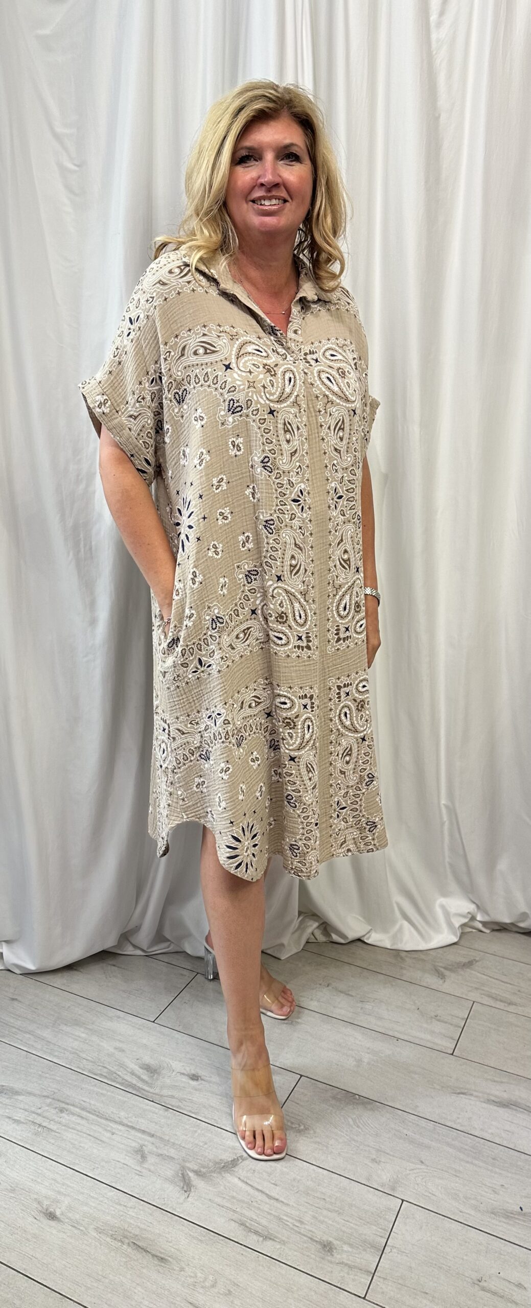 V Neck Pattern Shirt Dress in a Waffle Cotton