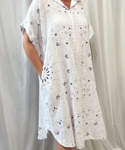 V Neck Pattern Shirt Dress in a Waffle Cotton