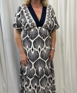V Neck Botanical Fan Print Maxi Dress