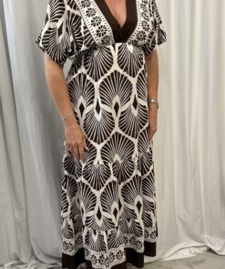 V Neck Botanical Fan Print Maxi Dress