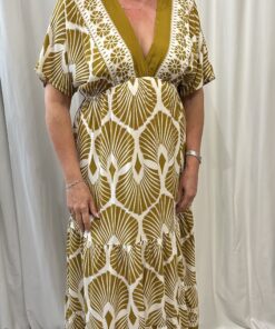 V Neck Botanical Fan Print Maxi Dress