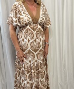 V Neck Botanical Fan Print Maxi Dress