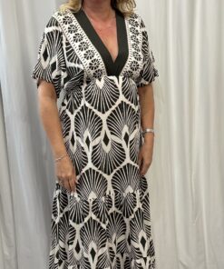 V Neck Botanical Fan Print Maxi Dress