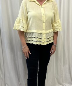 Cotton Short Button Down Shirt with Embroidery Anglaise Detail