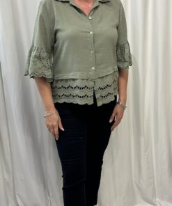 Cotton Short Button Down Shirt with Embroidery Anglaise Detail