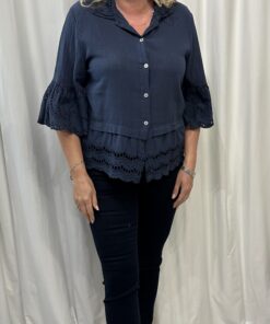 Cotton Short Button Down Shirt with Embroidery Anglaise Detail