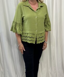 Cotton Short Button Down Shirt with Embroidery Anglaise Detail