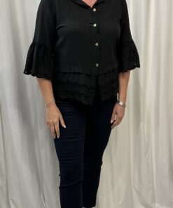 Cotton Short Button Down Shirt with Embroidery Anglaise Detail