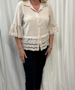 Cotton Short Button Down Shirt with Embroidery Anglaise Detail