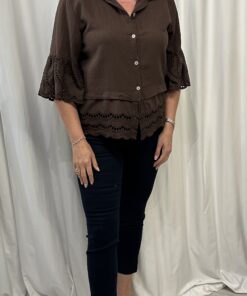 Cotton Short Button Down Shirt with Embroidery Anglaise Detail
