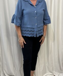 Cotton Short Button Down Shirt with Embroidery Anglaise Detail
