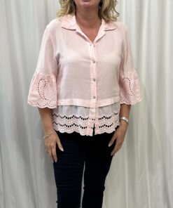 Cotton Short Button Down Shirt with Embroidery Anglaise Detail