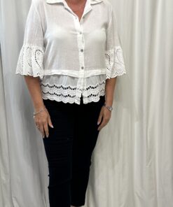 Cotton Short Button Down Shirt with Embroidery Anglaise Detail