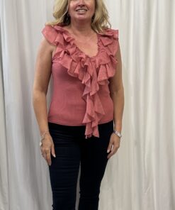 Frill Front Ribbed T-Shirt V Neck Top