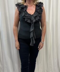 Frill Front Ribbed T-Shirt V Neck Top