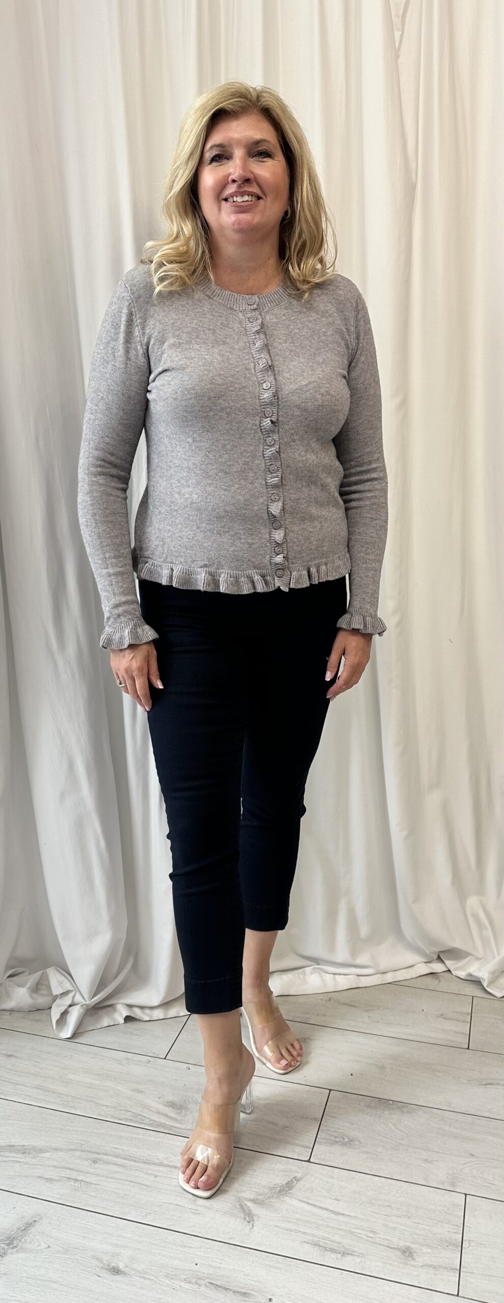 Rib Knit Ruffled Button Front Cardigan