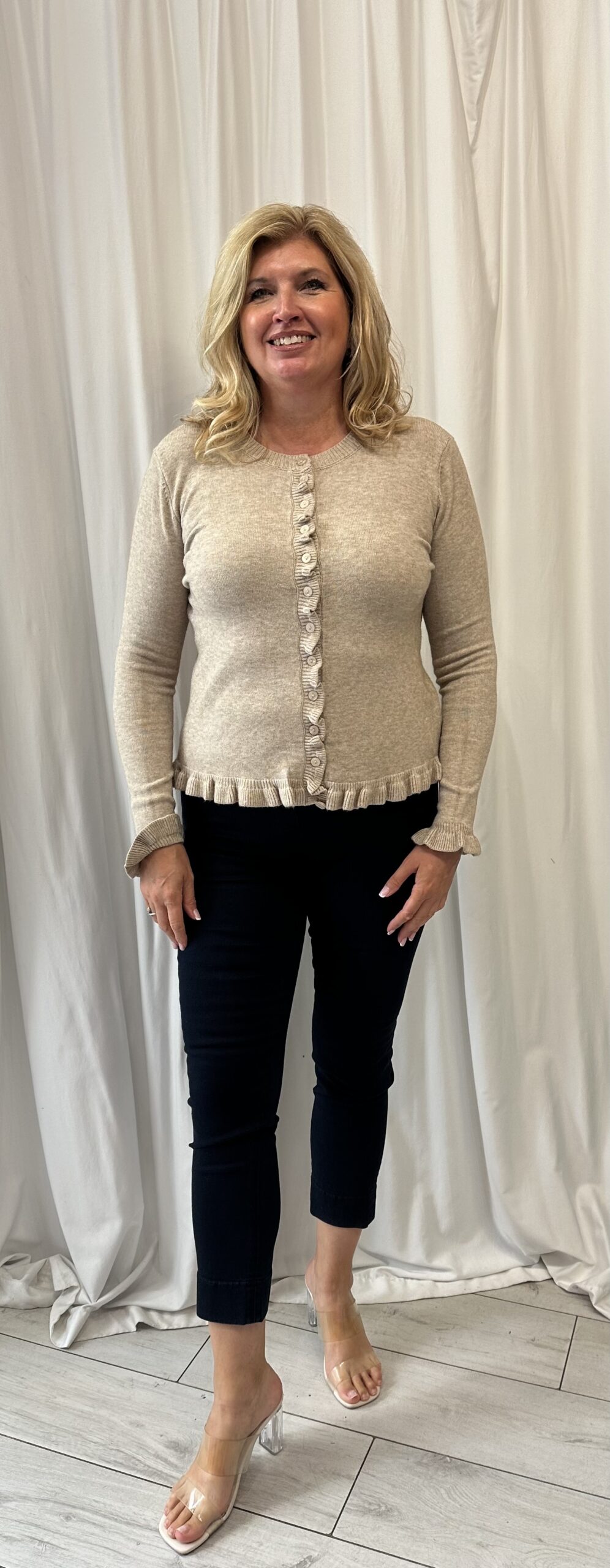 Rib Knit Ruffled Button Front Cardigan