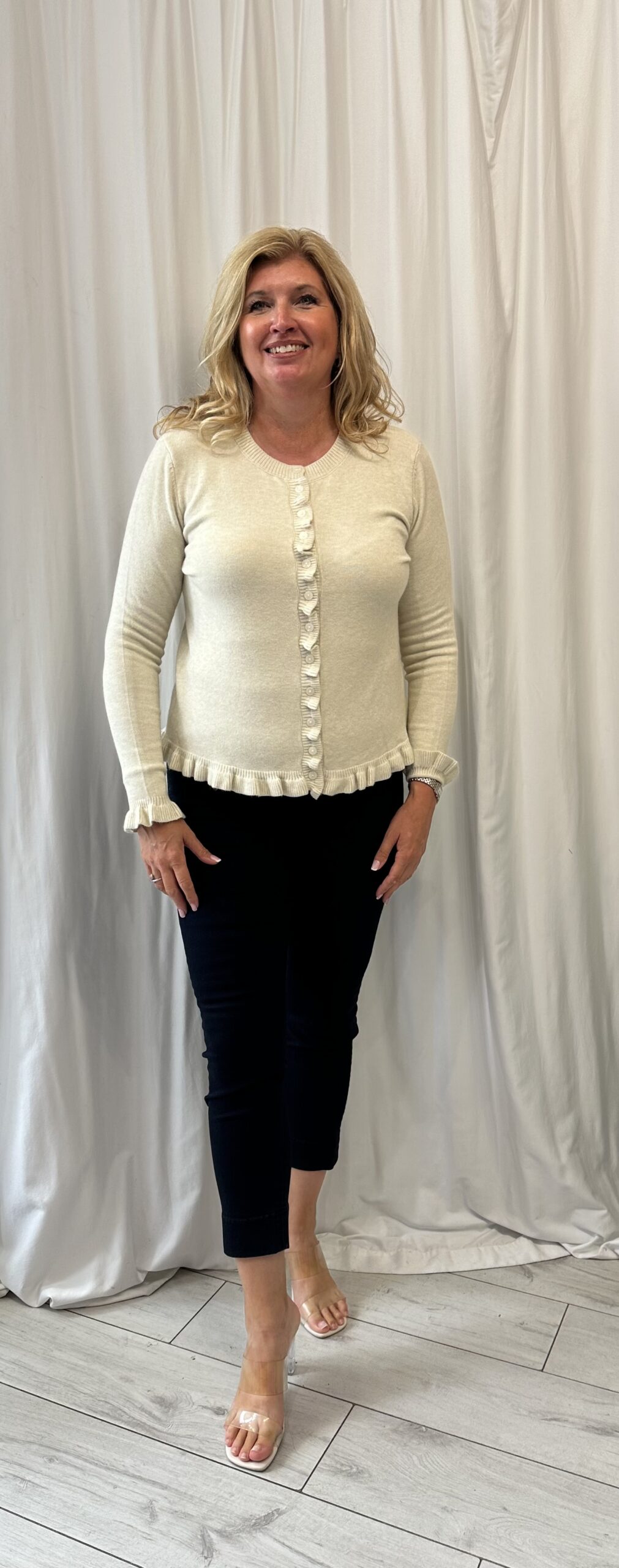 Rib Knit Ruffled Button Front Cardigan
