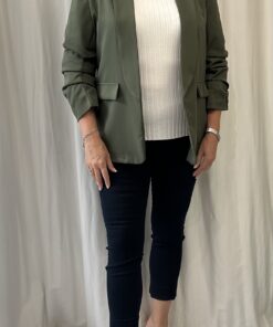 Open Front Blazer with Three Quarter Ruched Sleeves