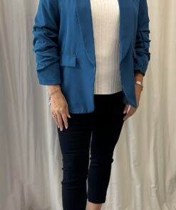 Open Front Blazer with Three Quarter Ruched Sleeves